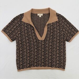 Debut Knit Polo V-Neck Top Brown Black Geometric Print Collared Size Small EUC